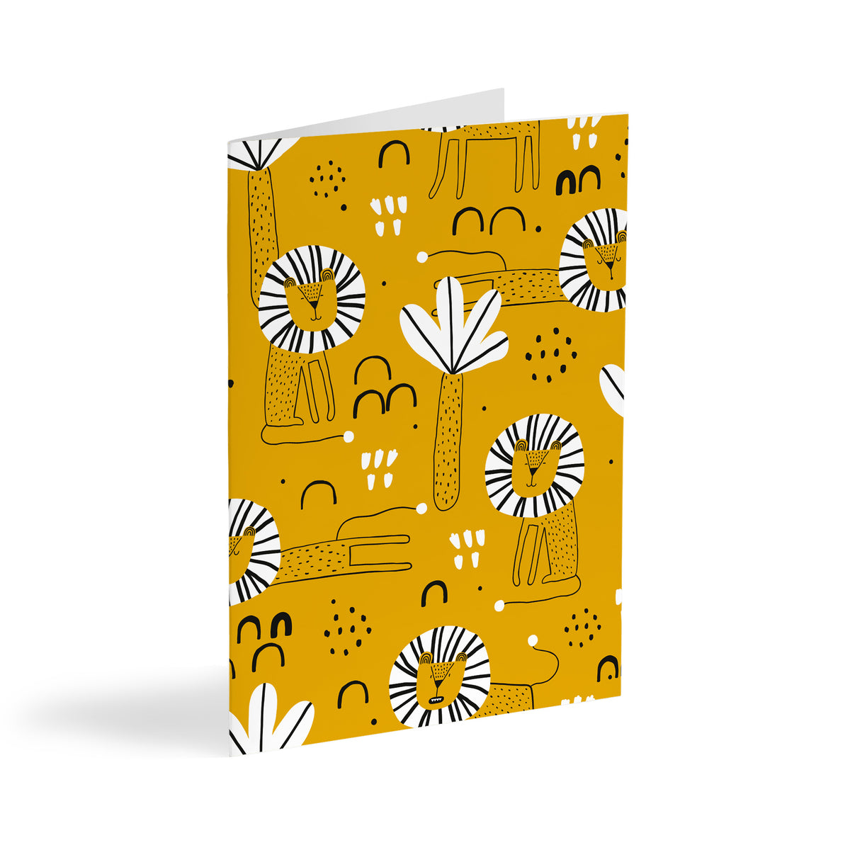 Boxed set of 24 lion greeting cards with a mustard yellow allover pattern of illustrated lions and tropical leaves.