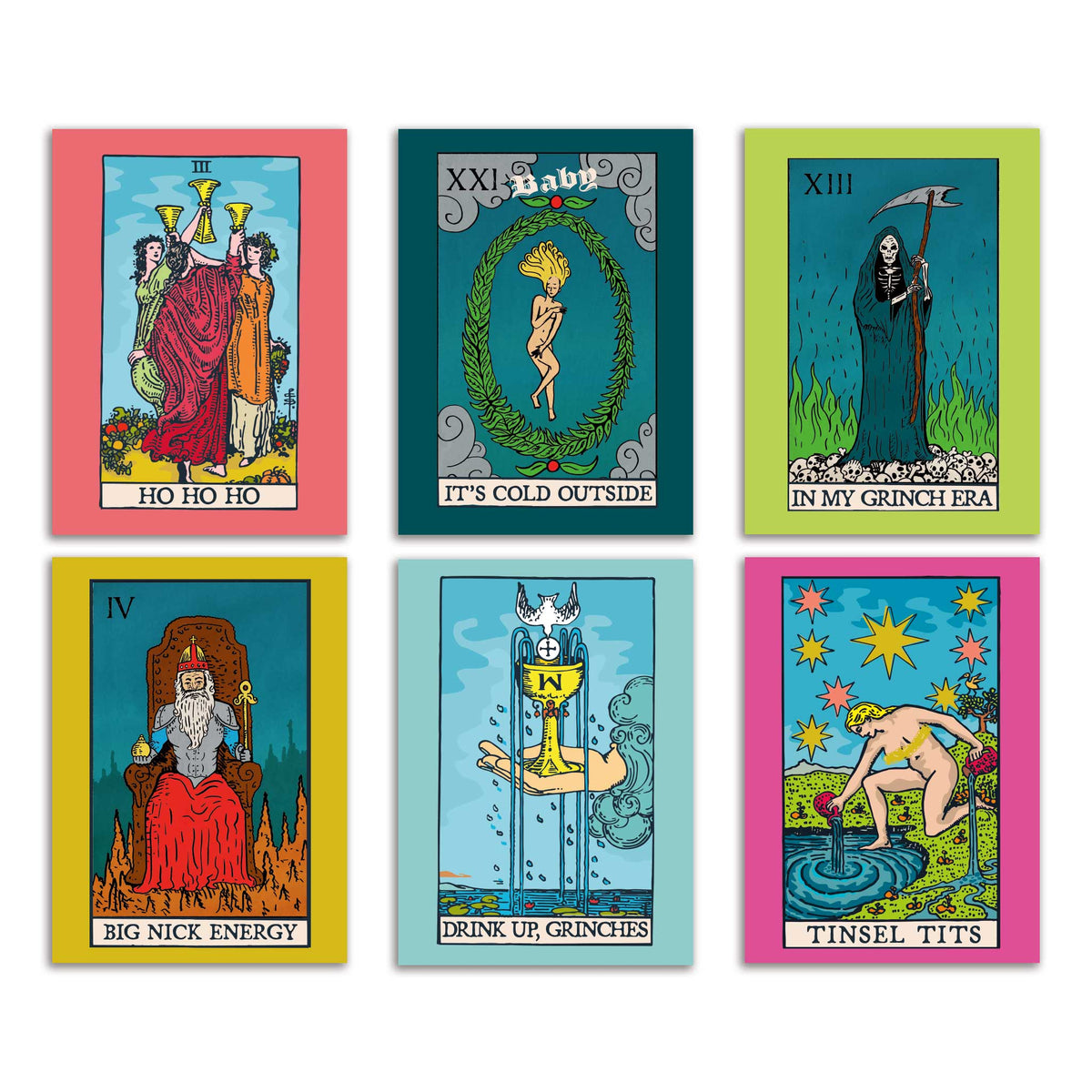 Christmas Tarot Card Set, 24 cards in 6 line-drawn holiday parody designs with colored borders and cream phrase banners.