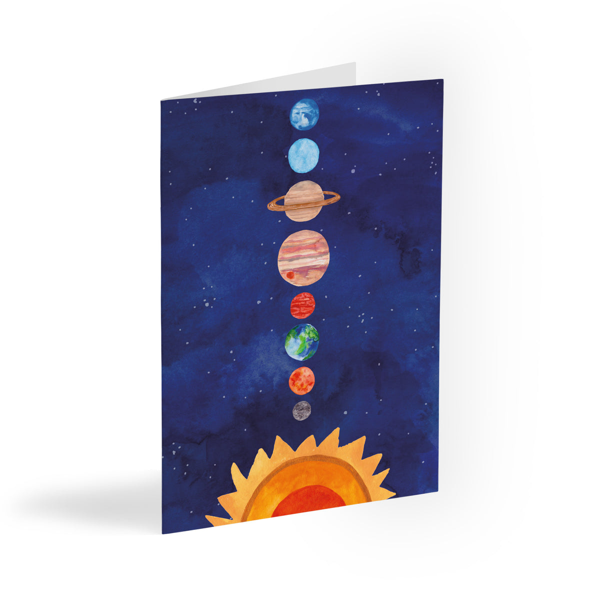 Solar system notecard set with all eight planets arranged vertically above a gold sun on a deep navy background.