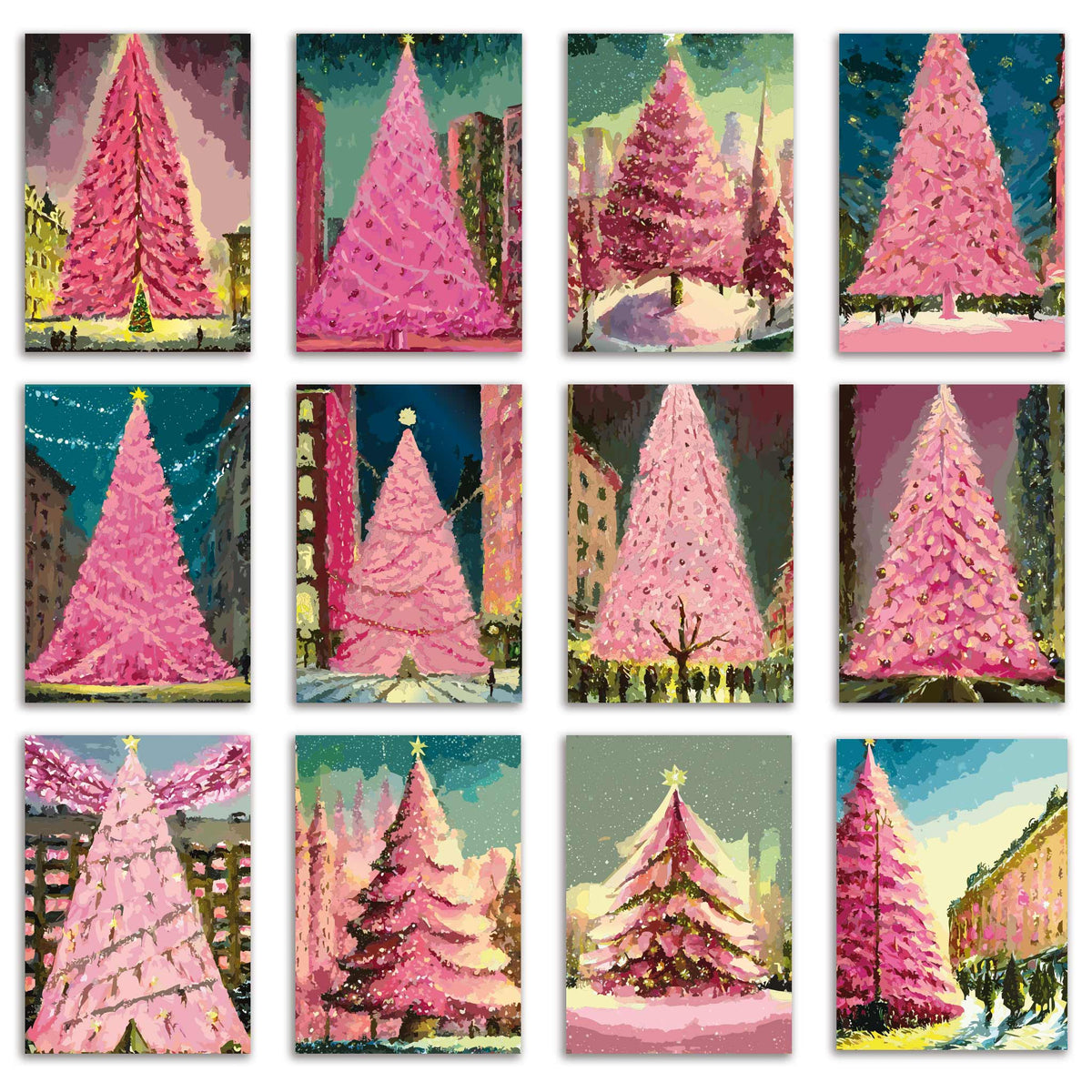 Glowing Pink Christmas Tree Greeting Cards, Set of 24