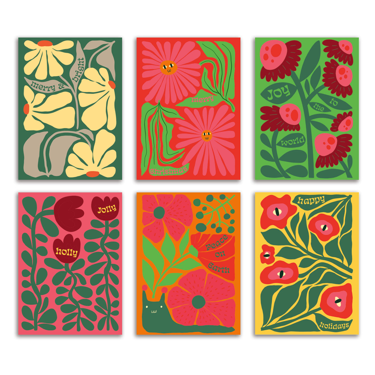 Retro floral Christmas card set, 24 cards in 6 bold flat-color botanical designs with holiday phrases.