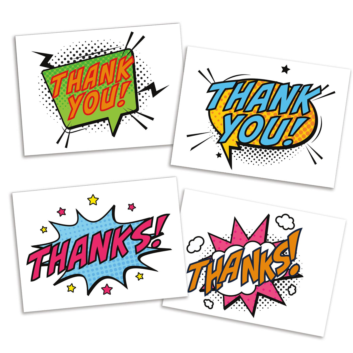 Comic book-style thank you cards, boxed set of 24 with 4 pop-art designs in green, yellow-orange, blue, and pink.