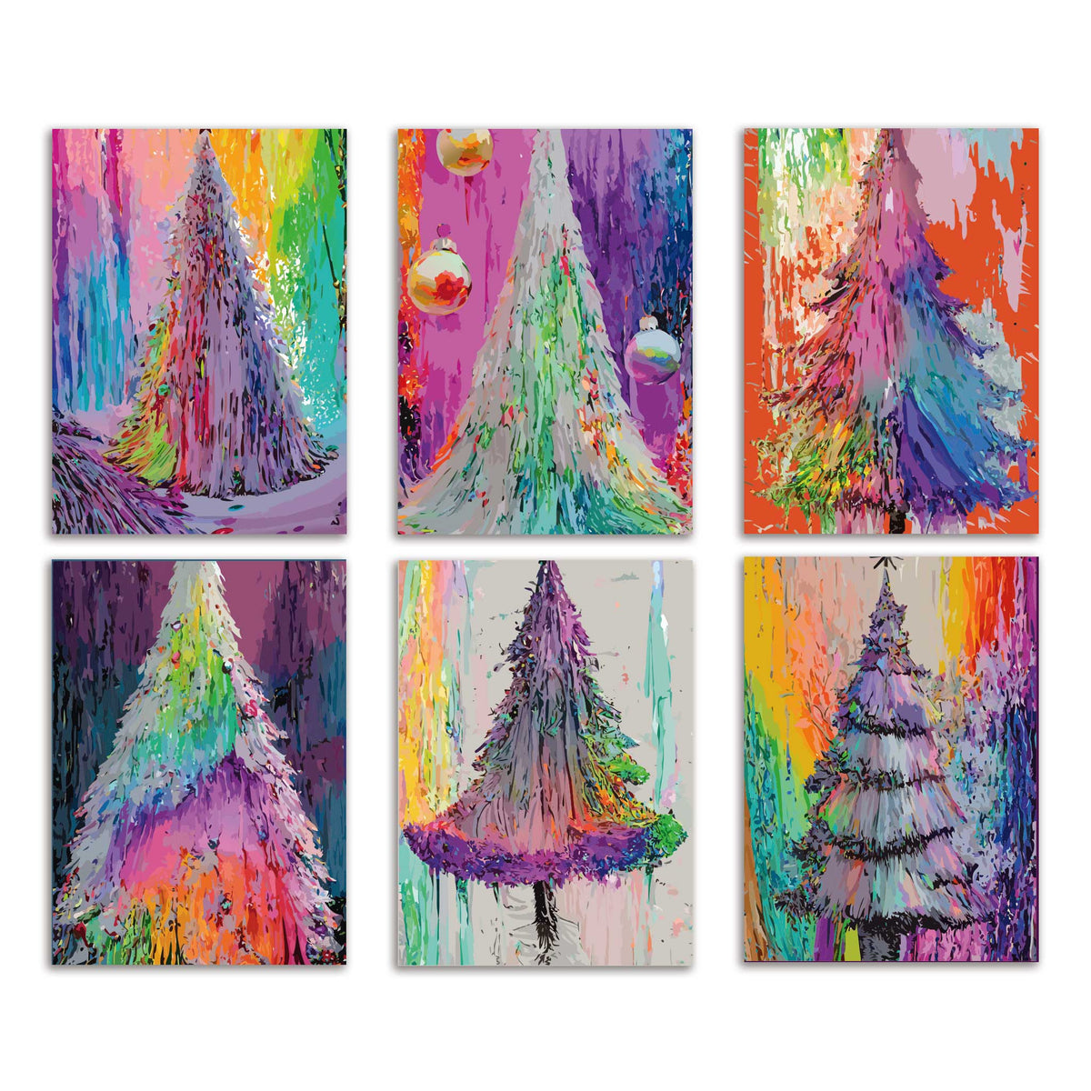 Colorful Brushstroke Christmas Cards, set of 24 with 6 designs, 4 cards each.