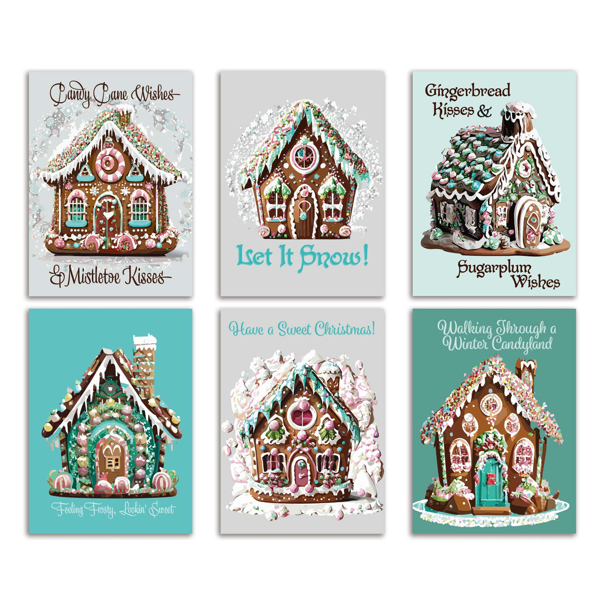 Retro Blue Gingerbread House Christmas Cards, Set of 24