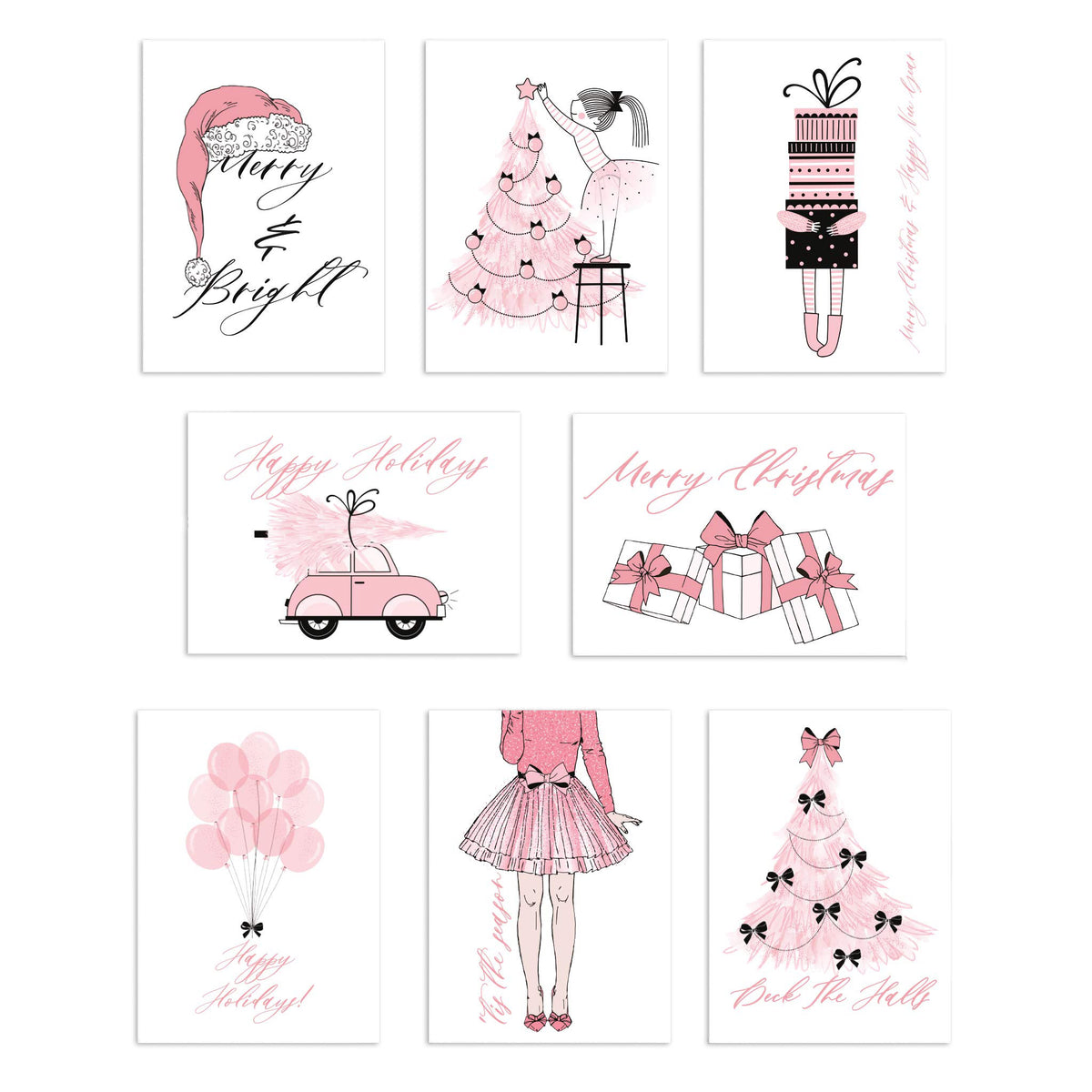 Pink holiday card set, 24 cards, 8 line-drawn designs in pink and black on white, 3 cards per design.