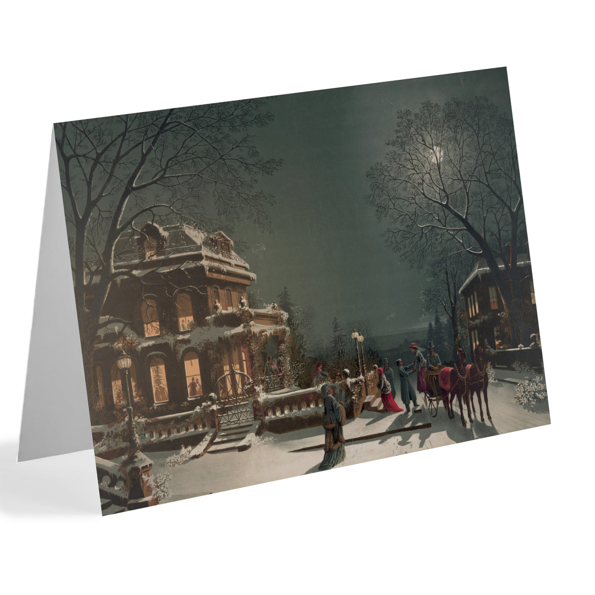 Glowing Houses Christmas card set, 24 cards, one landscape chromolithograph-style night winter scene.