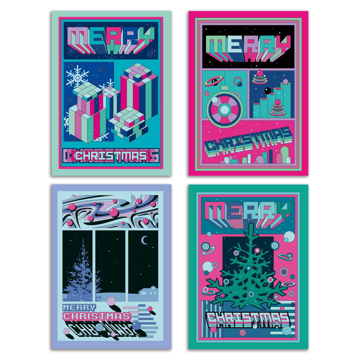 Retro '80s Christmas cards, set of 24 with 4 pixel-art designs in magenta, teal, mint, lavender, and navy.