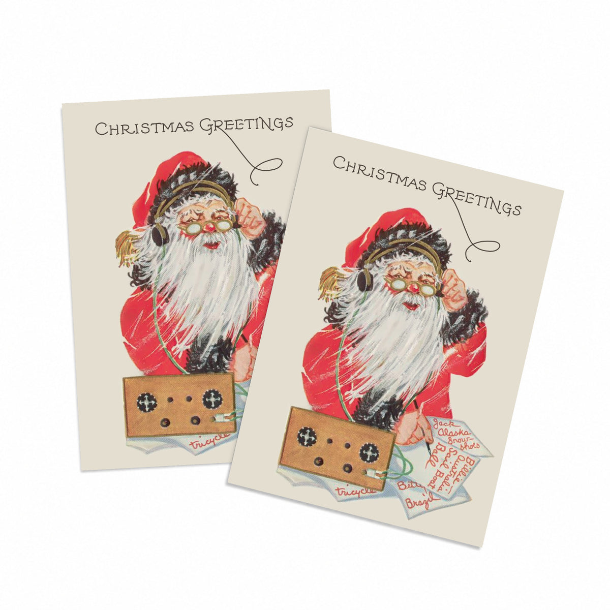 Santa with headphones Christmas cards, set of 24, one vintage illustration design, cream background.