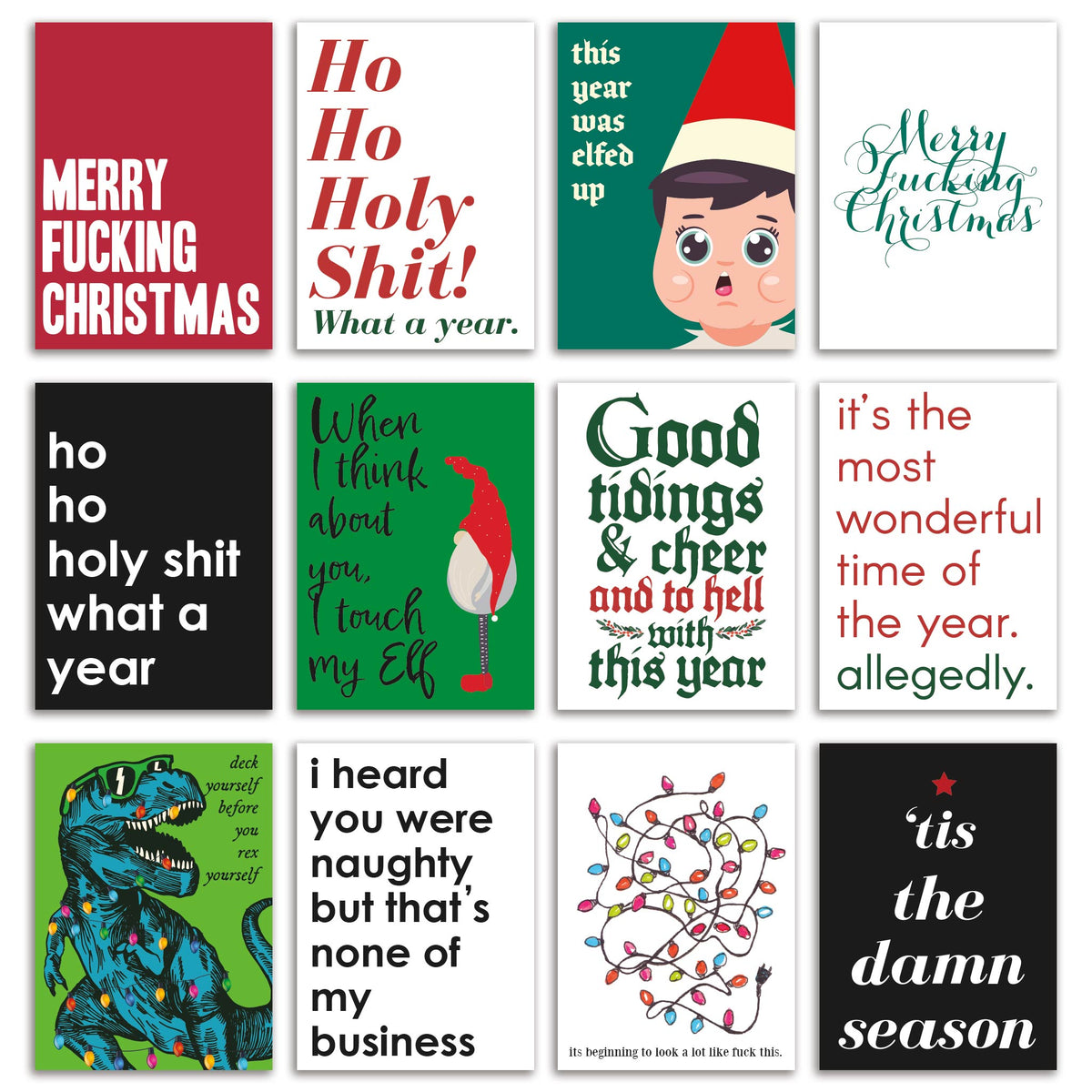Funny Christmas cards, 24-count set with 12 profanity-laced holiday designs, 2 cards each.