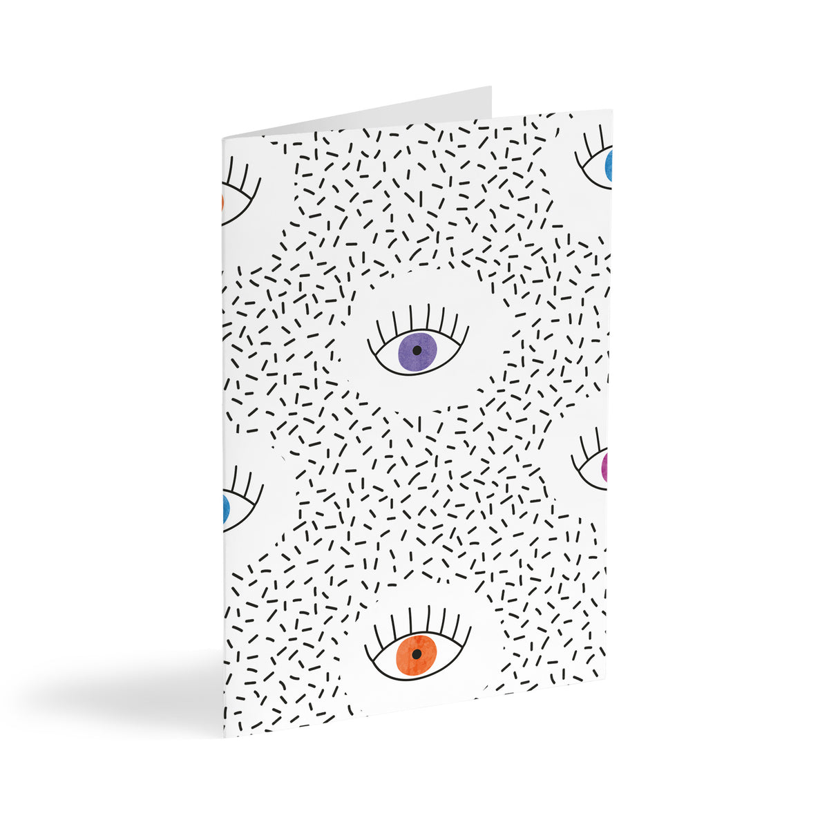 Illustrated eye card set with colorful irises and black lash details on a white patterned background.