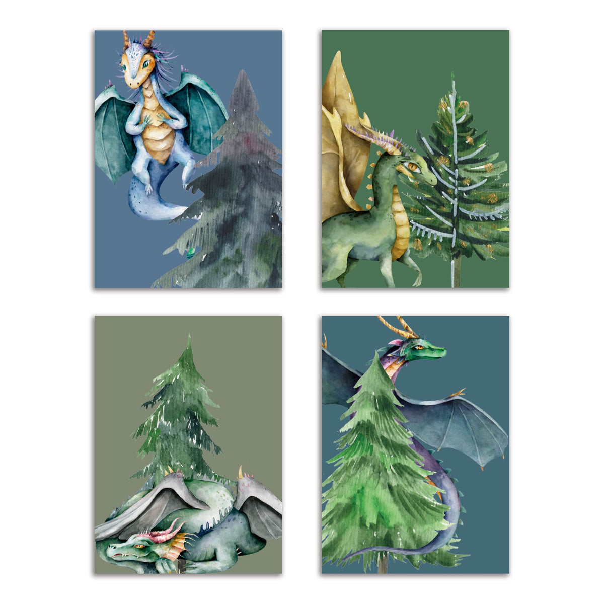Whimsical Dragon Christmas Tree Greeting Cards, Set of 24