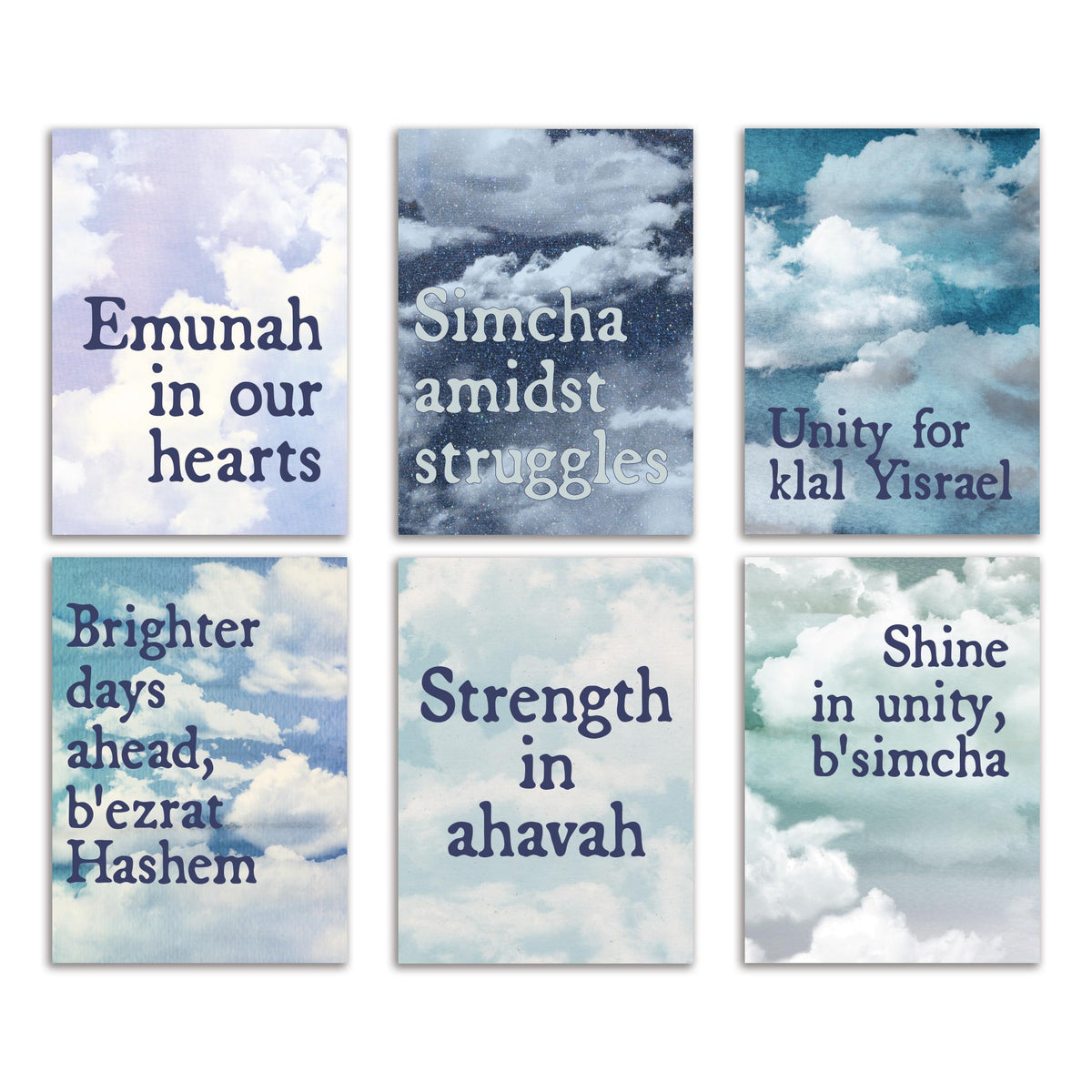 Card set with six alternating cloud-background designs featuring uplifting Jewish phrases in blue and pastel tones.
