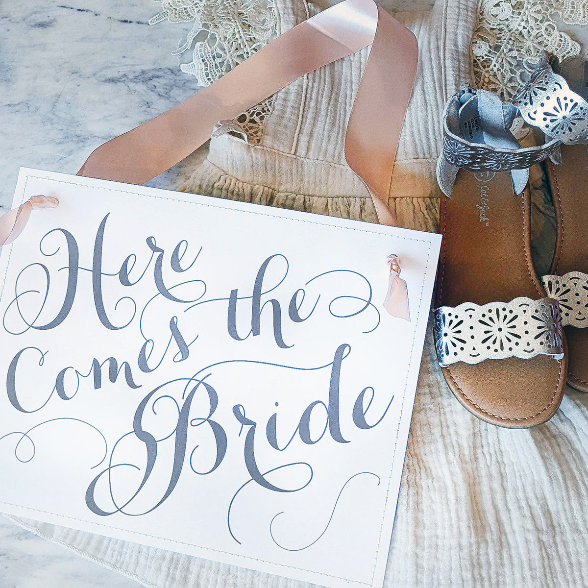 Here Comes the Bride Sign, Gray Script with Blush Pink Ribbon