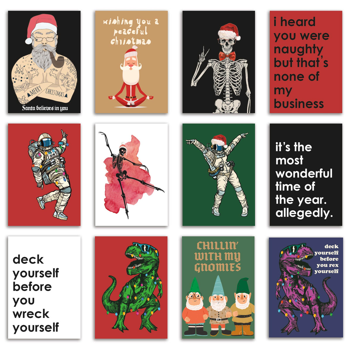 Funny Christmas card set with 24 cards across 12 illustrated and text-only designs.