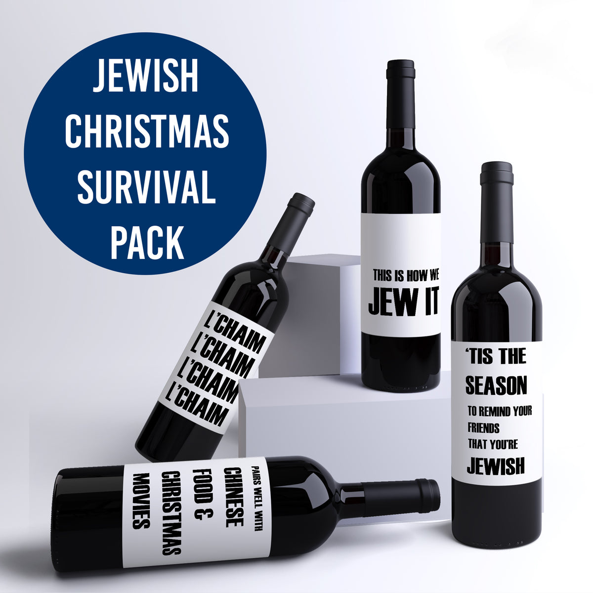 Jewish Christmas Survival Wine Labels, Pack of 4