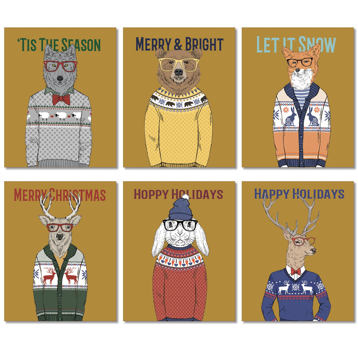 Set of 24 folded Christmas cards in 6 illustrated animal-in-sweater designs, with matching envelopes.