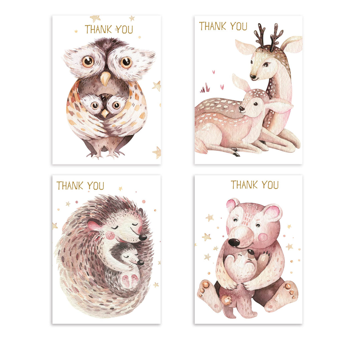 Mother and baby animal thank you cards, set of 24, with owl, deer, hedgehog, and bear watercolor designs.