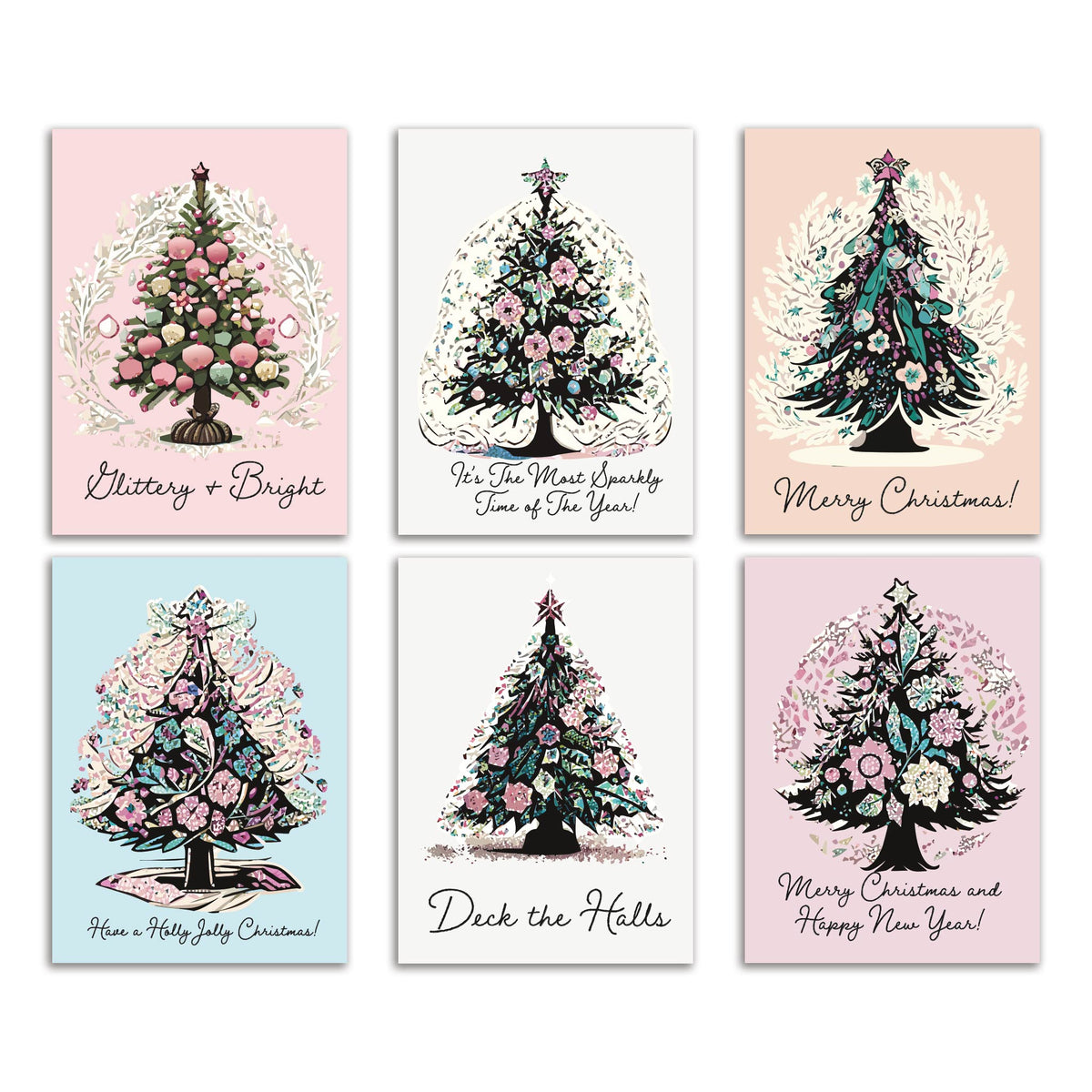 Floral Christmas Tree Greeting Cards, Set of 24