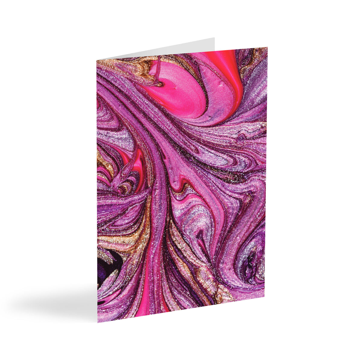 Set of 24 blank notecards with abstract pink, purple, and gold marbled swirl designs.