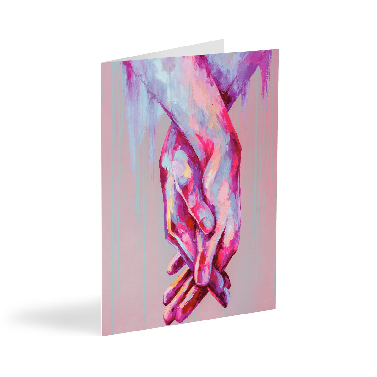 Reaching for You encouragement cards, set of 24, brushstroke illustration of two interlaced hands on dusty-rose background.