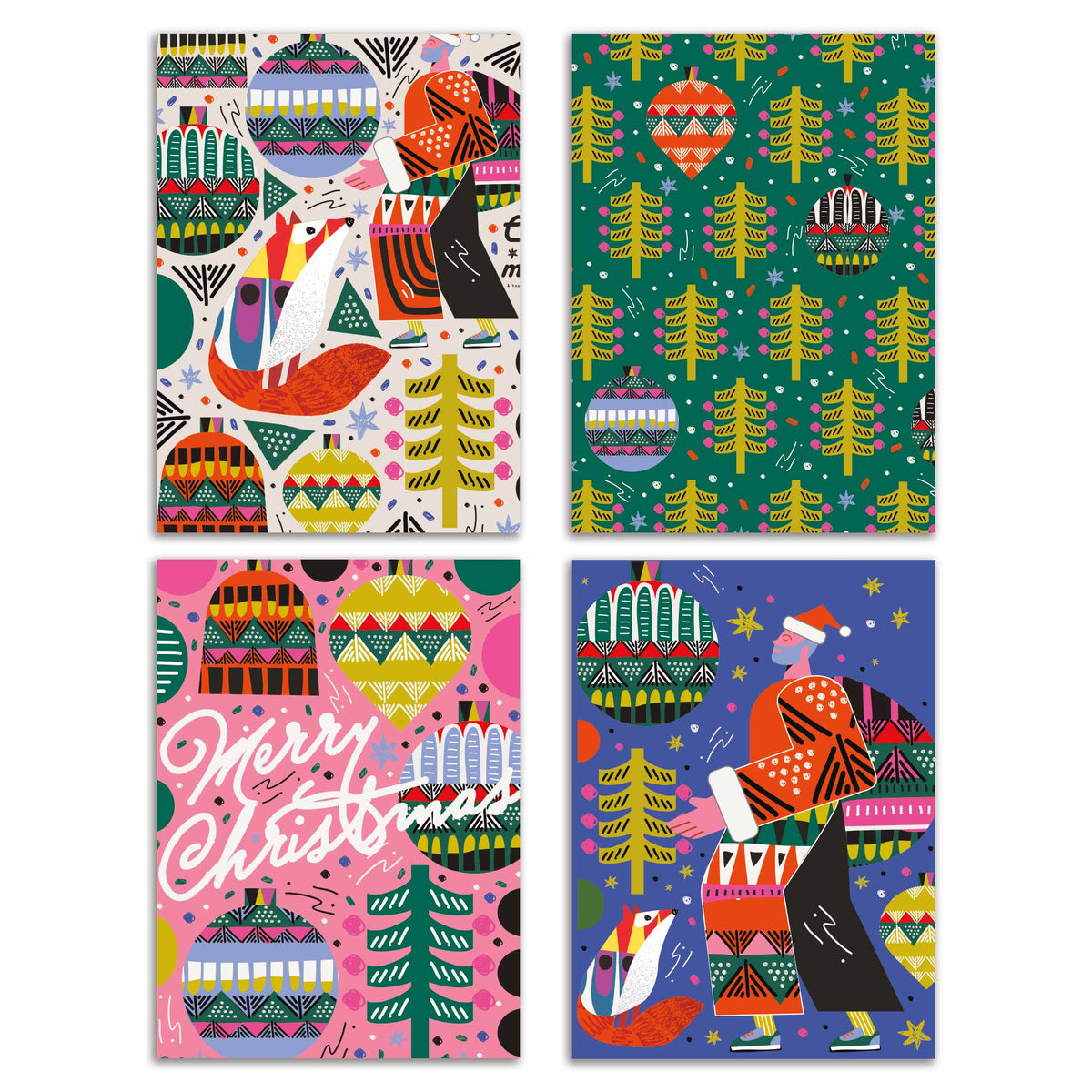 Folk Art Christmas Cards set of 24, four Scandinavian-style designs, 6 cards each.