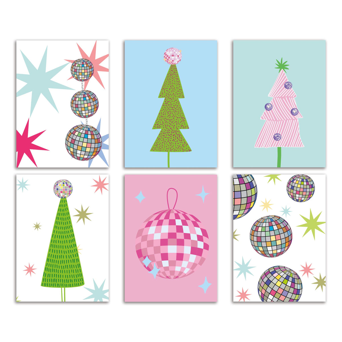 Disco Ball Christmas Card Set of 24 cards in 6 designs featuring disco balls and Christmas trees.