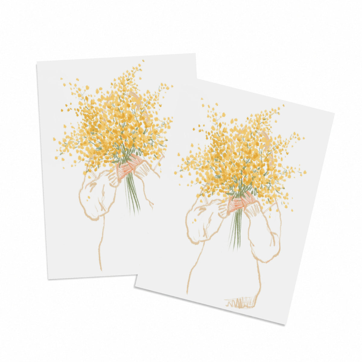 Set of 24 cards with a hand-drawn illustration of a person holding a large yellow flower bouquet.