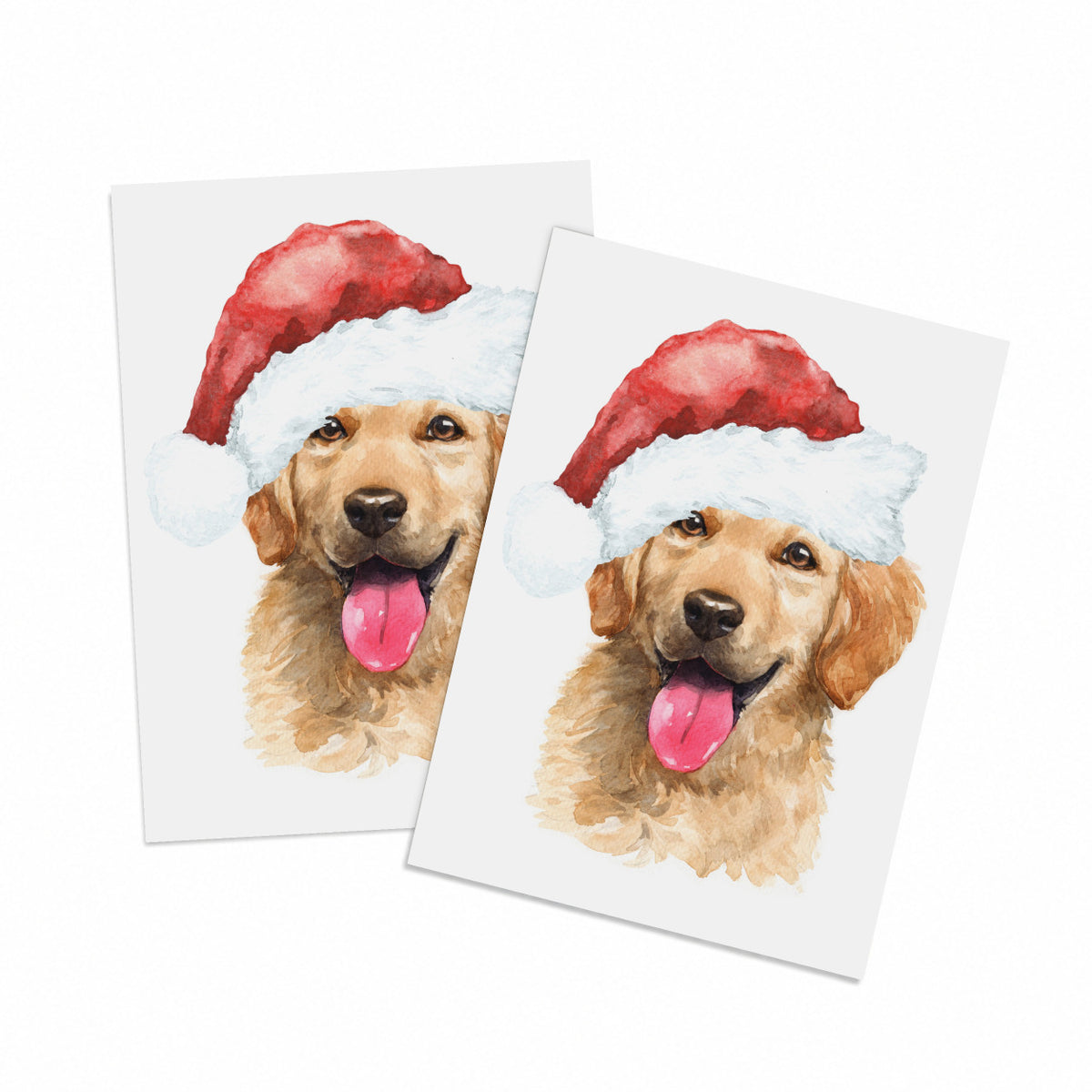 Boxed set of 24 Christmas cards featuring a watercolor golden retriever portrait in a red Santa hat.