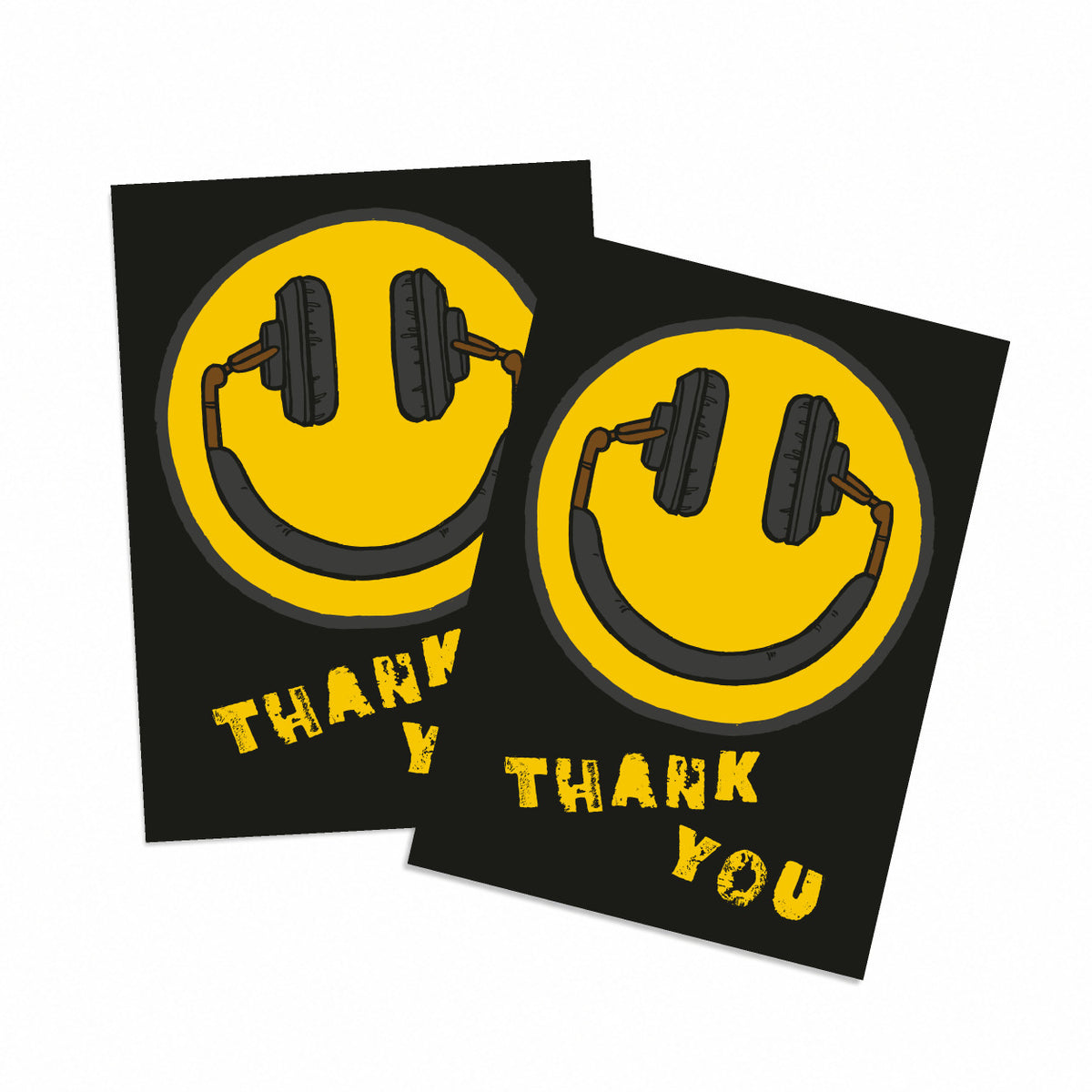 Set of 24 thank you cards with a yellow smiley face wearing black headphones on a black background.