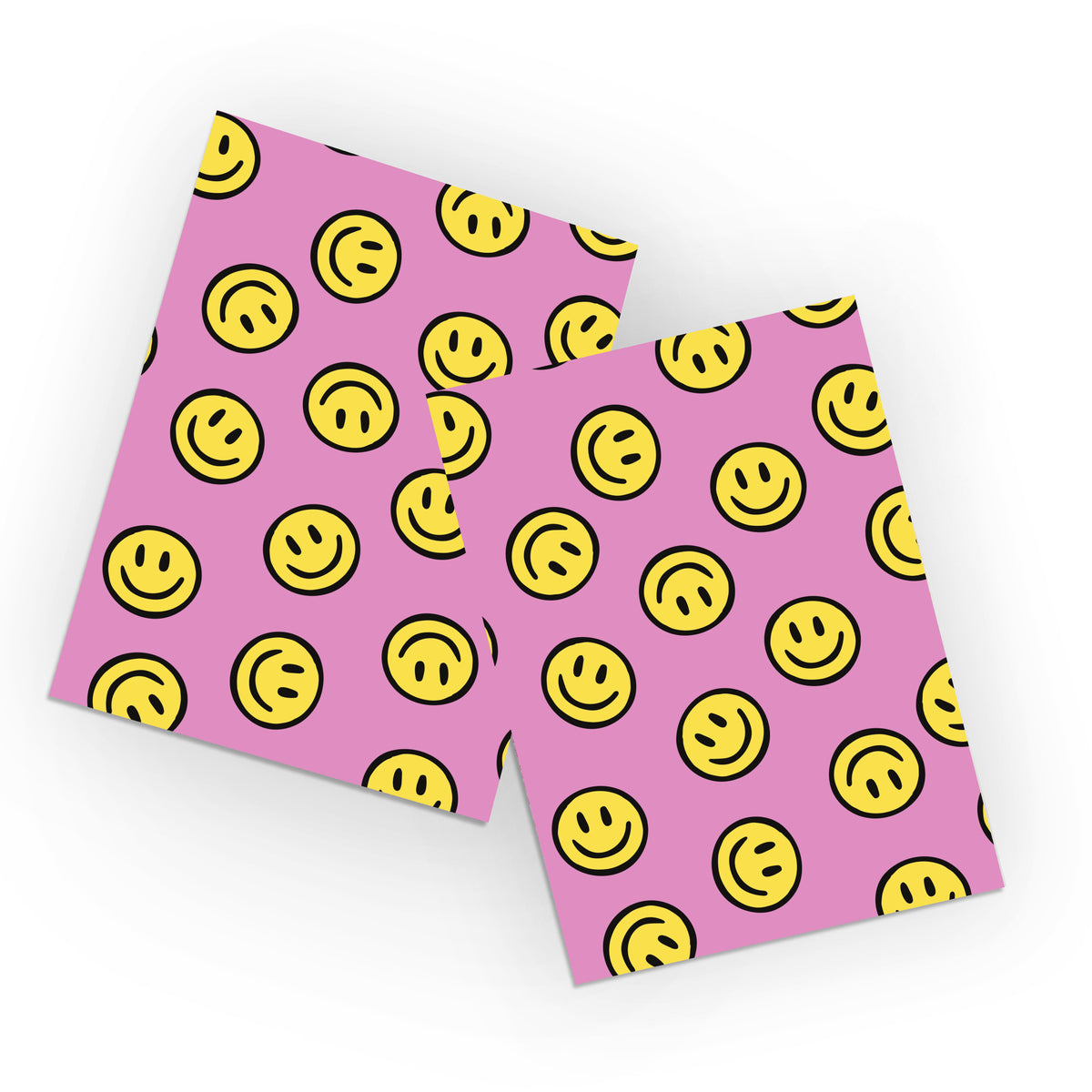 Set of 24 greeting cards with repeating yellow smiley faces on a pink background.