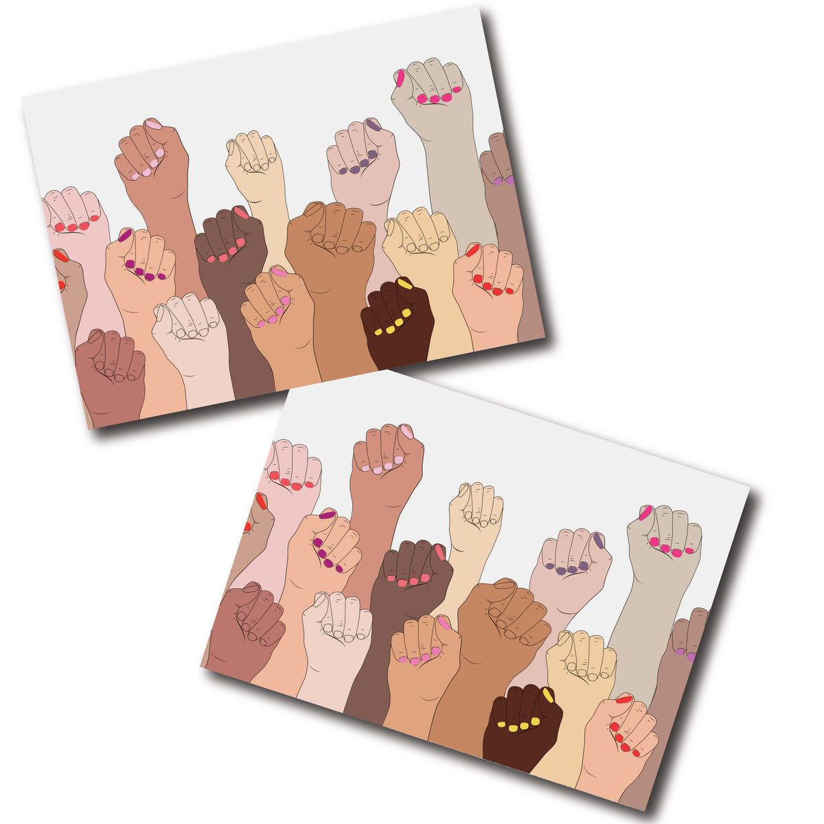 Boxed set of 24 cards featuring a flat-style illustration of raised fists in diverse skin tones.
