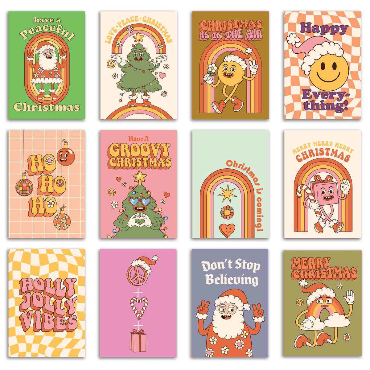 Set of 24 folded Christmas cards in 12 retro groovy designs with cartoon characters, rainbows, and holiday phrases.