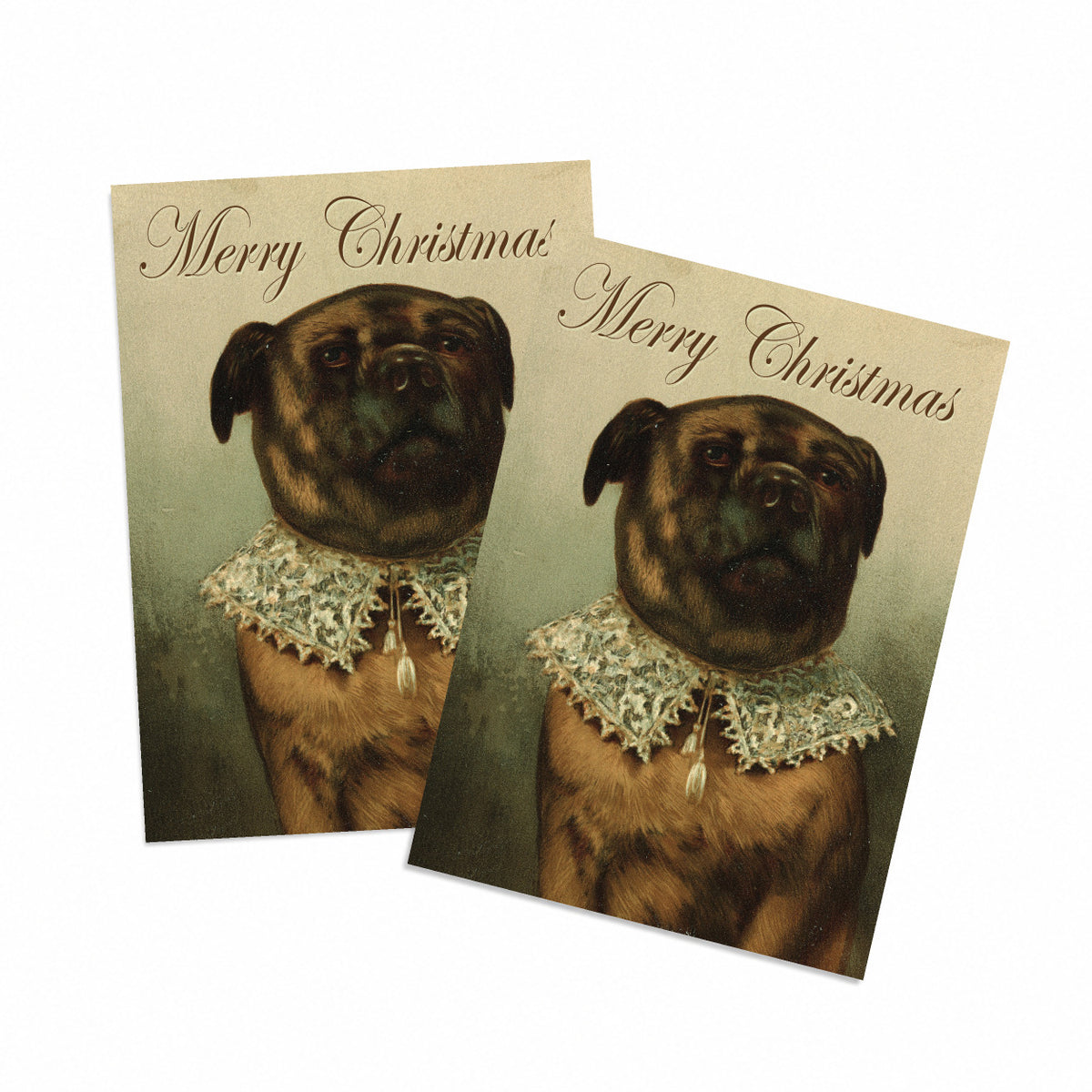 Brindle pug Christmas card with "Merry Christmas" in dark brown script above a painted portrait, 24 identical cards.