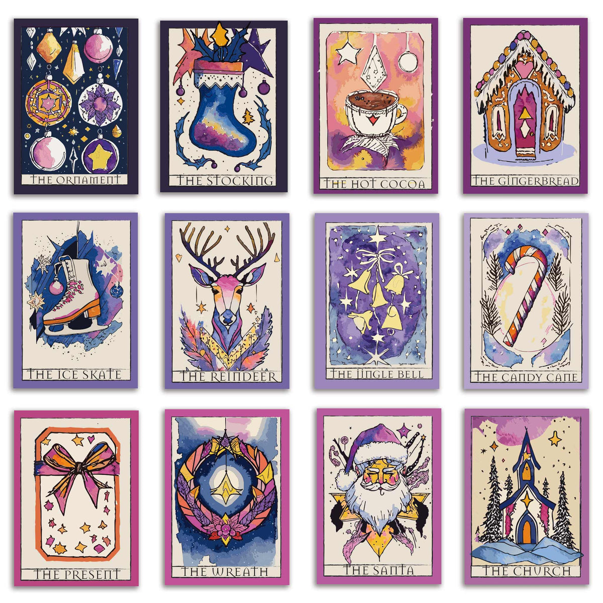 Tarot-style Christmas card set of 24 watercolor-style holiday designs with colored borders and title boxes.