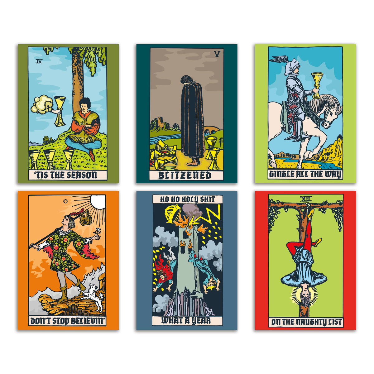 Tarot Christmas card set, 24 cards in 6 Rider-Waite-Smith-style designs with Christmas captions in blackletter banners.