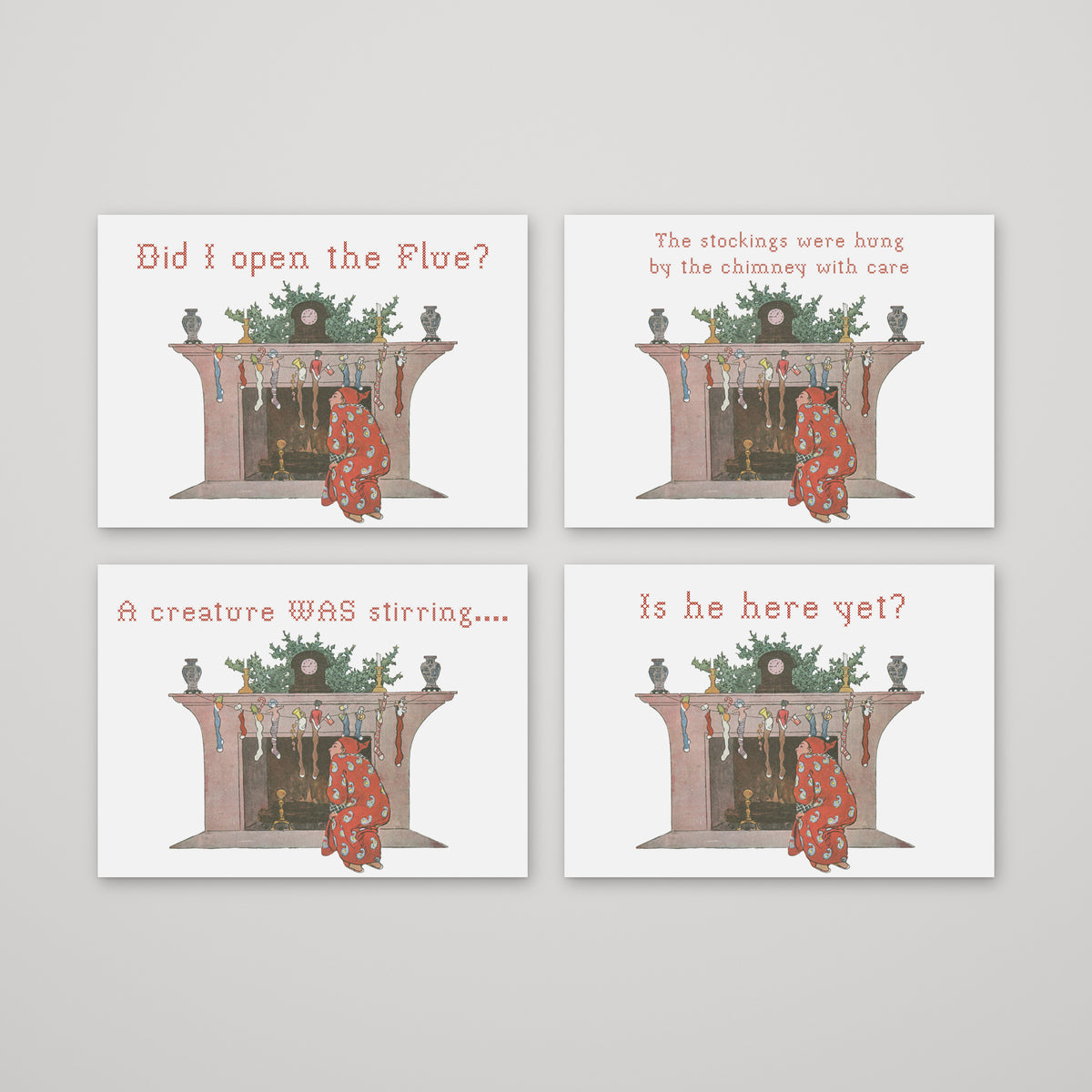Watercolor-style holiday cards featuring a child in a red patterned nightgown peering into a fireplace chimney.