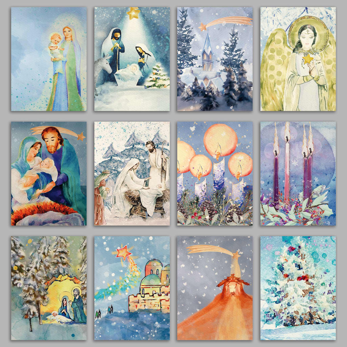 Christmas cards with watercolor religious and winter scenes, no printed text.
