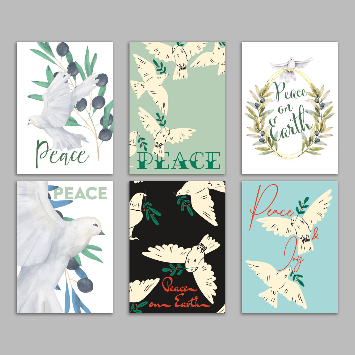 Set of 24 folded holiday cards featuring doves, olive branches, and peace phrases in six designs.