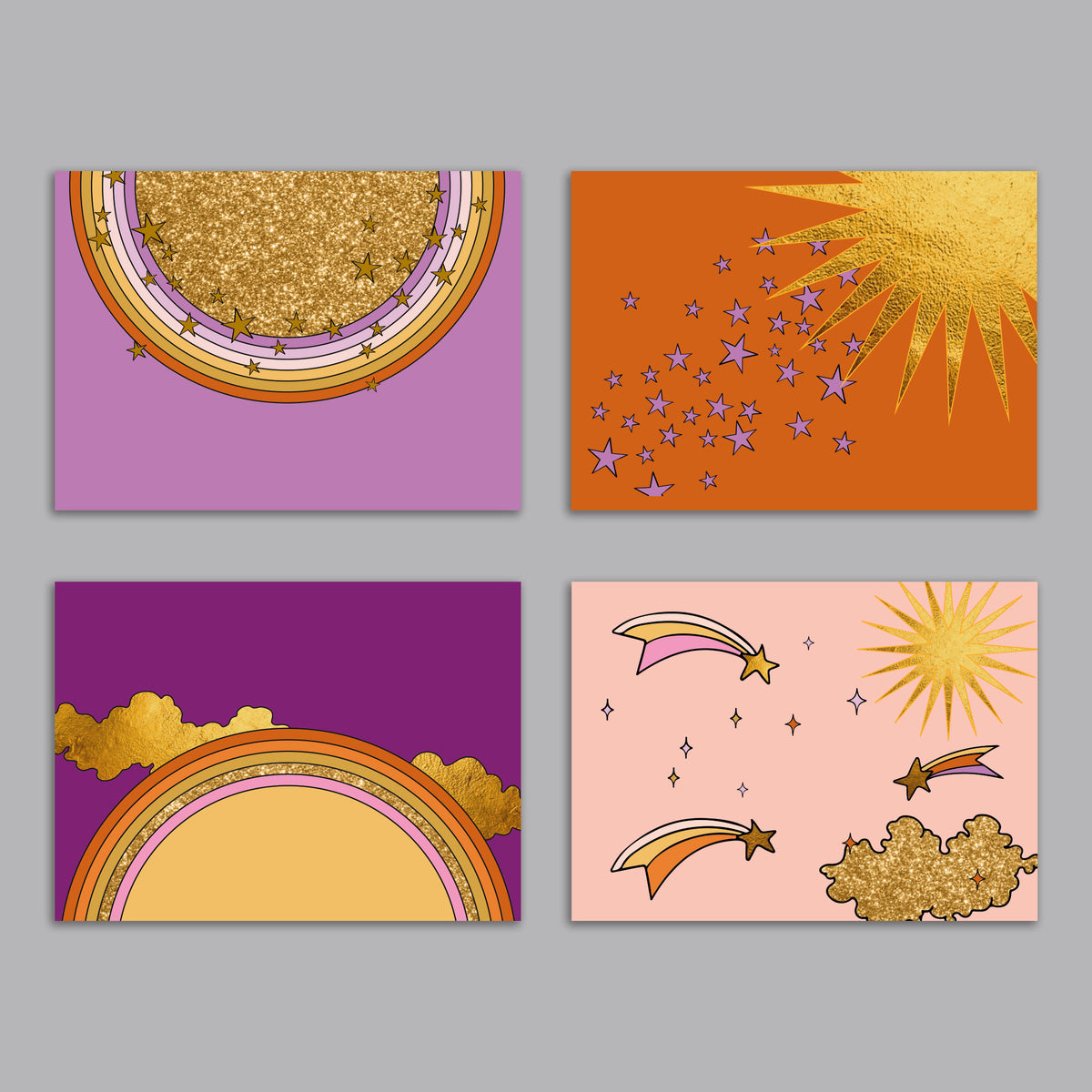 Card set featuring abstract celestial designs in purple, orange, pink, gold, and yellow.