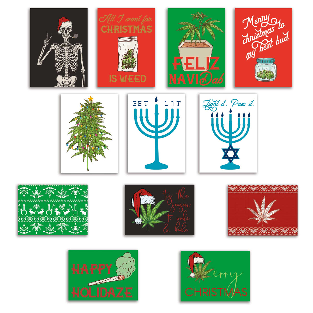 Card holiday set featuring cannabis and Christmas illustrations in red, green, black, and white.