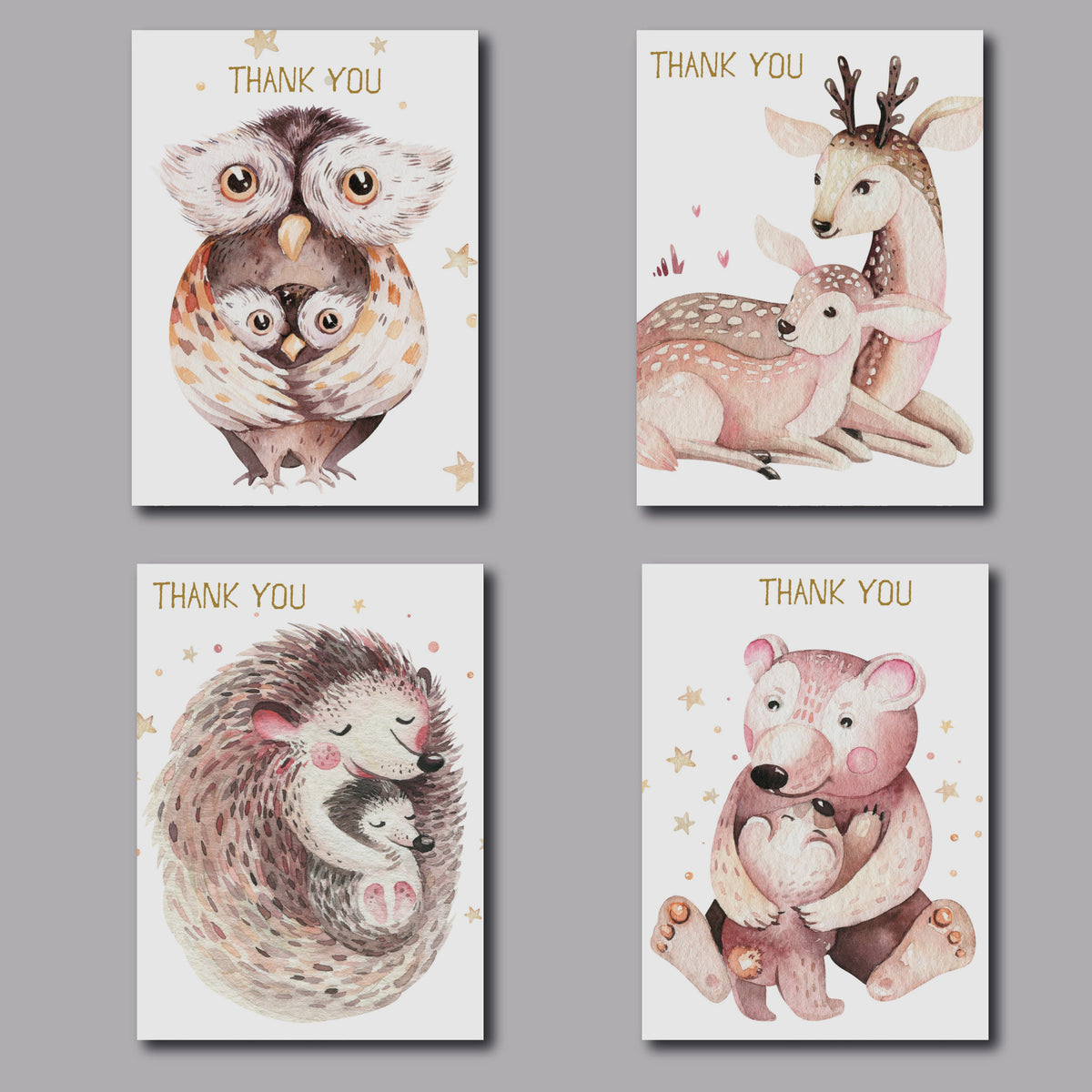 Card thank you set featuring four parent-and-baby animal illustrations in soft neutral watercolor style.