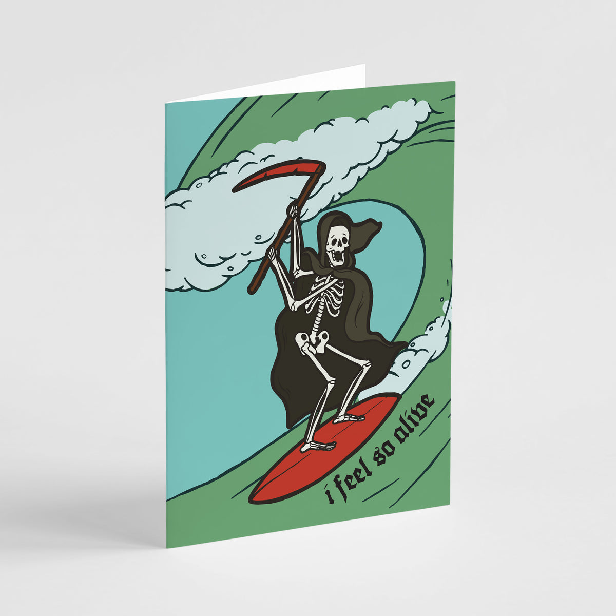 Card set showing a cloaked skeleton holding a scythe, surfing a large green wave on a red board.