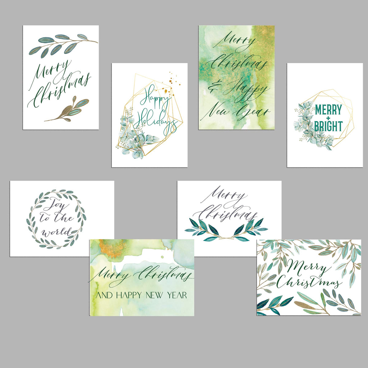 Watercolor Christmas note cards in green and gold, 24 cards and envelopes included, 8 holiday designs.