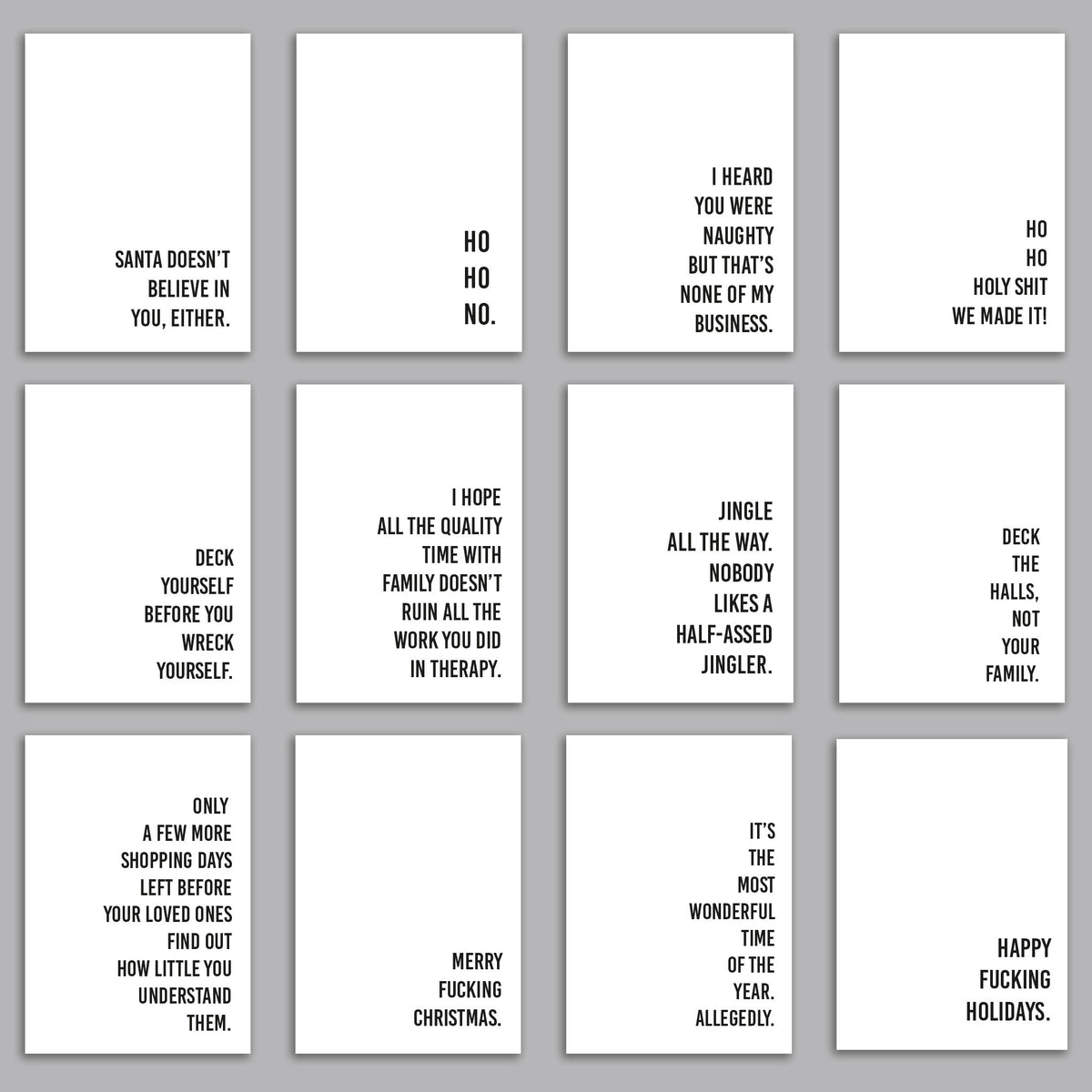 Christmas greeting cards featuring 12 deadpan holiday one-liners in bold black type on white.