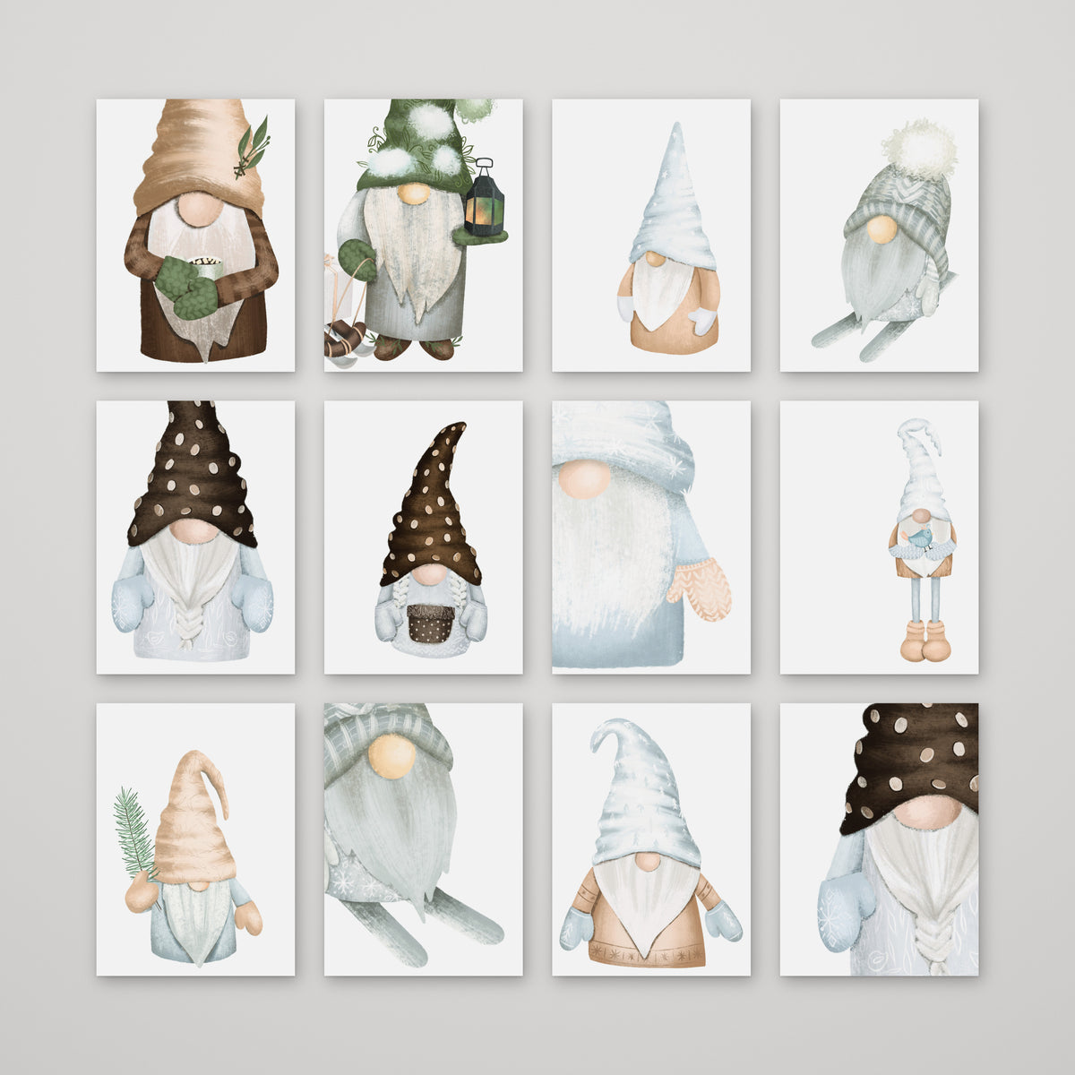 Set of 24 cards featuring watercolor-style tomte gnomes on white backgrounds, 12 designs.