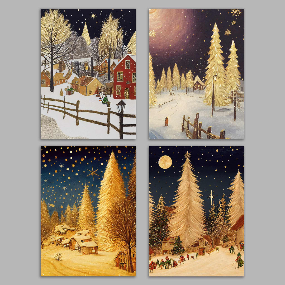 Set of 24 holiday cards featuring snowy village and forest scenes in gold, navy, and pink tones.
