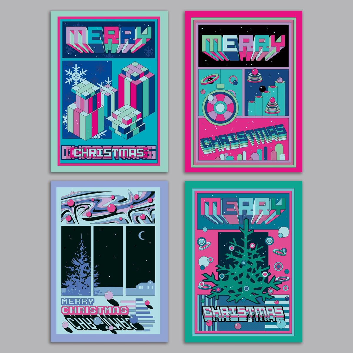 Card set featuring pixel-style and 3D block lettering with isometric gift boxes, planets, and geometric shapes.