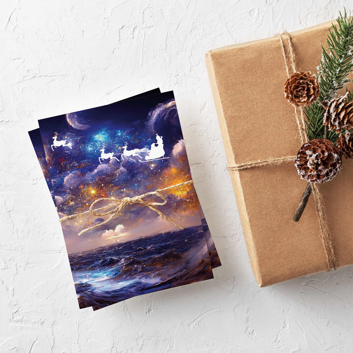 Santa Sleigh Over the Sea Christmas Greeting Cards, Set of 24