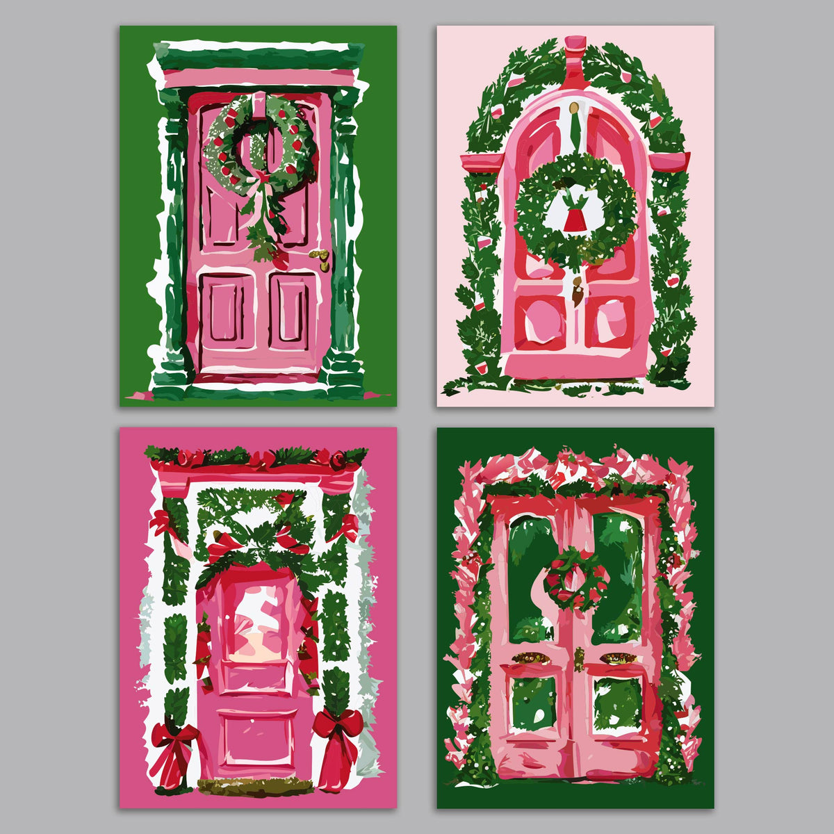 Set of 24 Christmas cards with four pink front door illustrations on green, pale pink, hot pink, and dark green backgrounds.