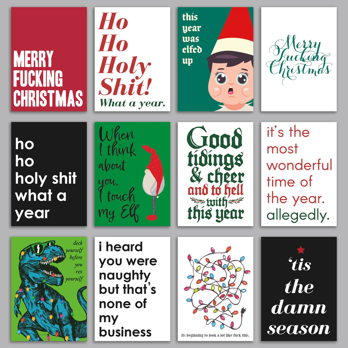 Set of 24 Christmas cards featuring 12 bold, humor-based designs with adult language.